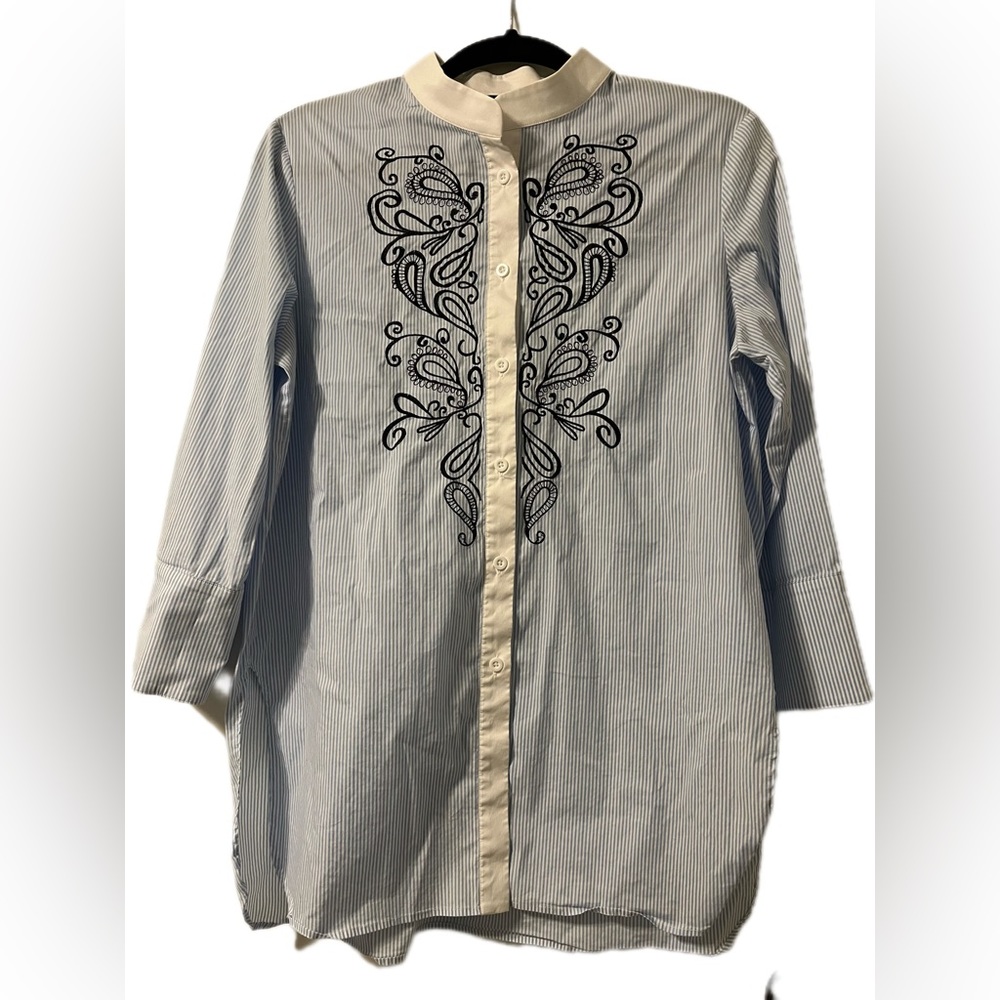 Ming Wang Blue Striped Blouse Button
